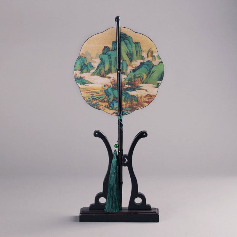 Buddha Stones Abanico Portátil de Mango Largo Enrollable Hecho a Mano de Bambú en Miles de Ríos y Montañas