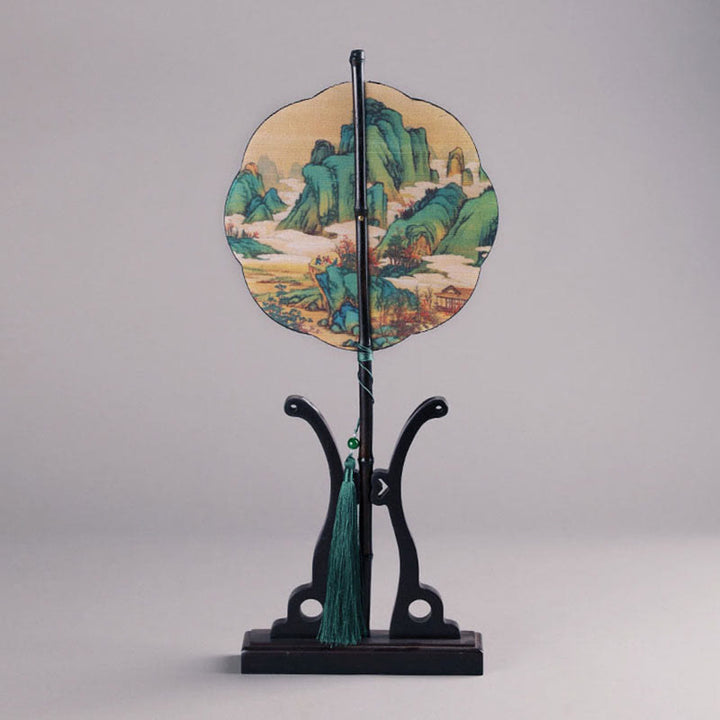 Buddha Stones Abanico Portátil de Mango Largo Enrollable Hecho a Mano de Bambú en Miles de Ríos y Montañas