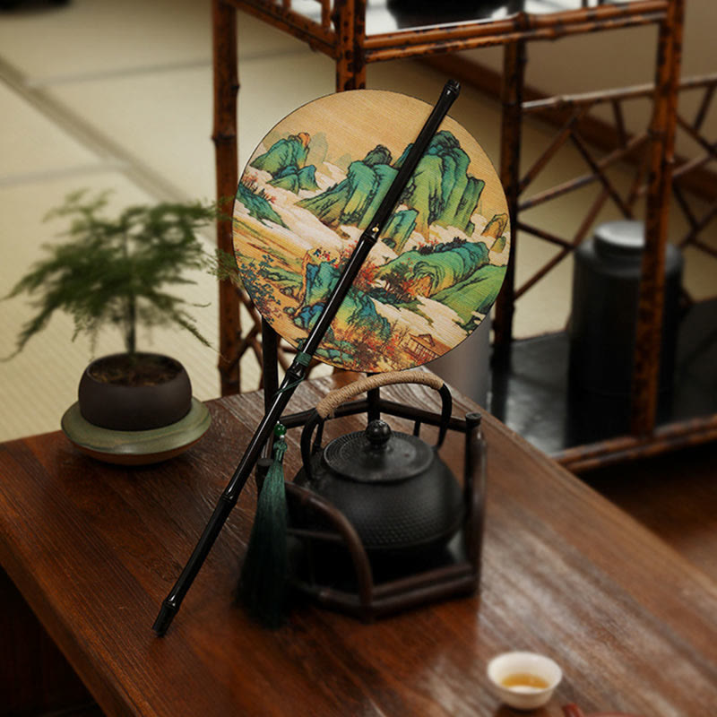 Buddha Stones Abanico Portátil de Mango Largo Enrollable Hecho a Mano de Bambú en Miles de Ríos y Montañas