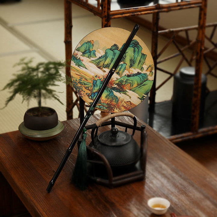 Buddha Stones Abanico Portátil de Mango Largo Enrollable Hecho a Mano de Bambú en Miles de Ríos y Montañas