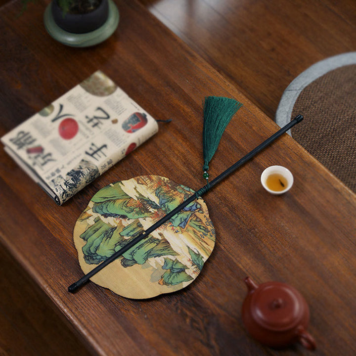 Buddha Stones Abanico Portátil de Mango Largo Enrollable Hecho a Mano de Bambú en Miles de Ríos y Montañas