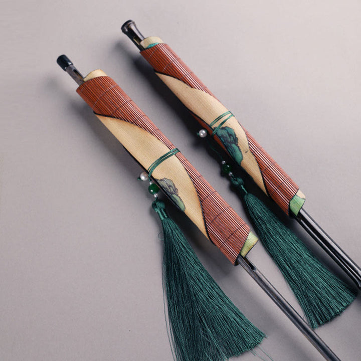 Buddha Stones Abanico Portátil de Mango Largo Enrollable Hecho a Mano de Bambú en Miles de Ríos y Montañas