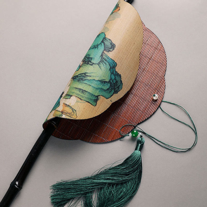 Buddha Stones Abanico Portátil de Mango Largo Enrollable Hecho a Mano de Bambú en Miles de Ríos y Montañas