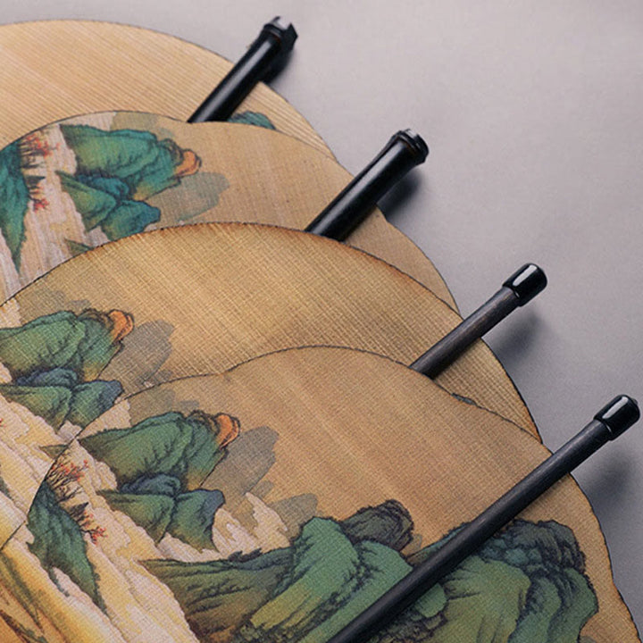 Buddha Stones Abanico Portátil de Mango Largo Enrollable Hecho a Mano de Bambú en Miles de Ríos y Montañas