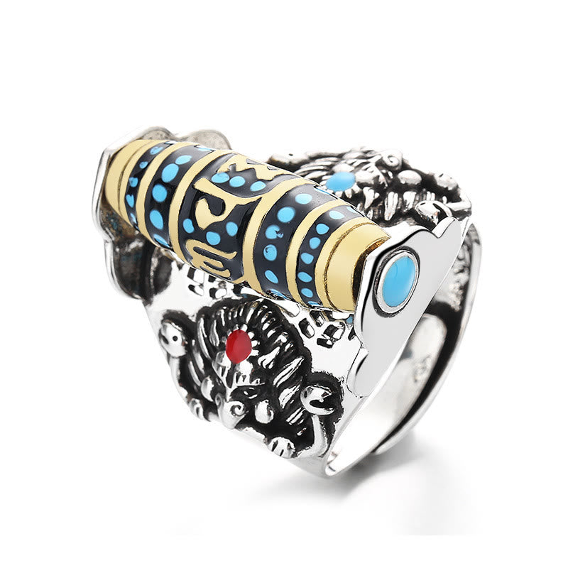 Buddha Stones Anillo Giratorio de la Paz con Patrón de Cuentas Dzi Tibetanas de Garuda y el Mantra Om Mani Padme Hum