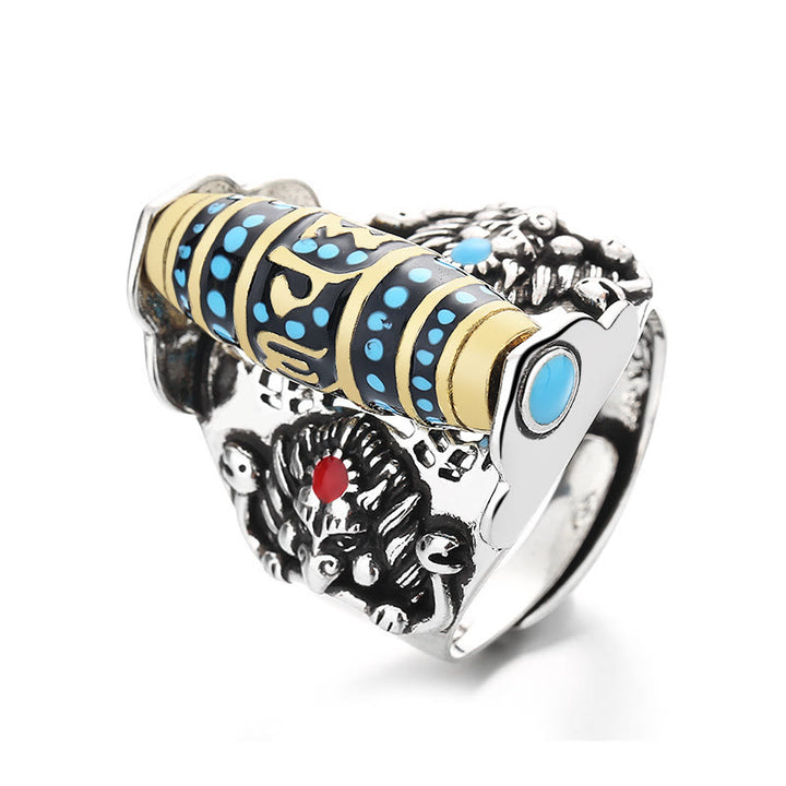 Buddha Stones Anillo Giratorio de la Paz con Patrón de Cuentas Dzi Tibetanas de Garuda y el Mantra Om Mani Padme Hum