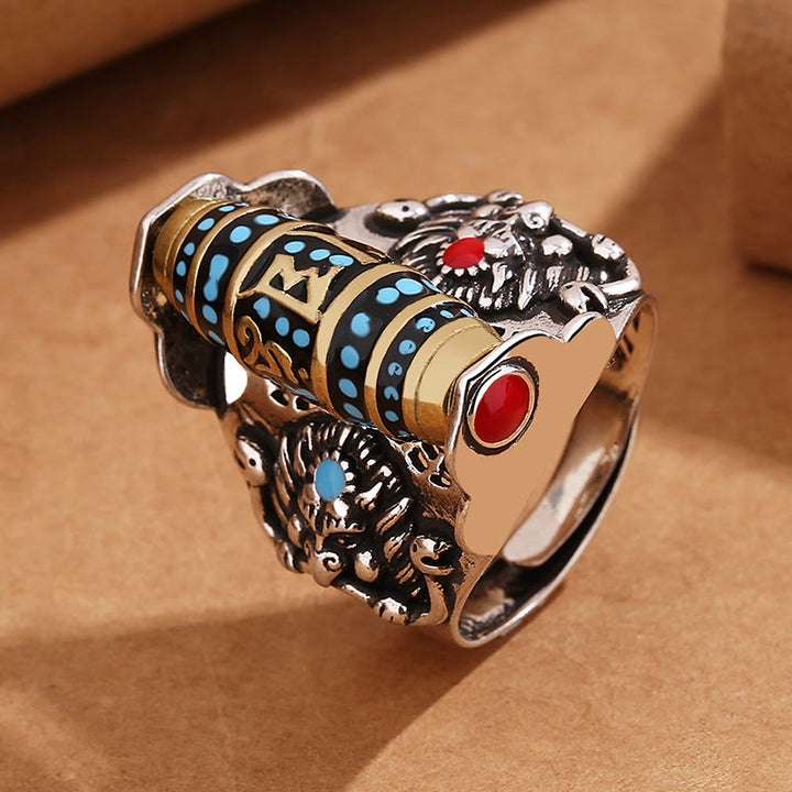 Buddha Stones Anillo Giratorio de la Paz con Patrón de Cuentas Dzi Tibetanas de Garuda y el Mantra Om Mani Padme Hum