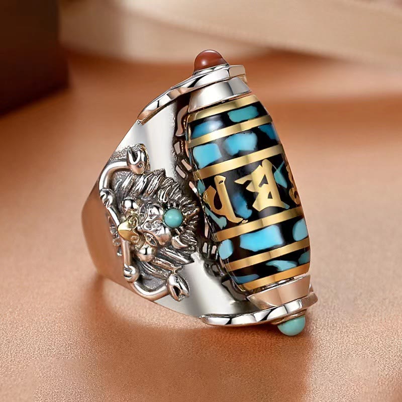 Buddha Stones Anillo Giratorio de la Paz con Patrón de Cuentas Dzi Tibetanas de Garuda y el Mantra Om Mani Padme Hum
