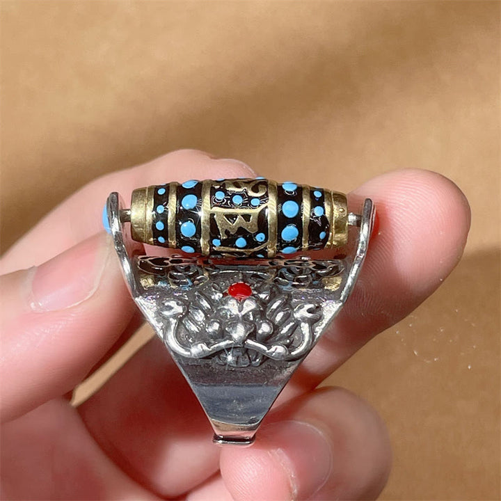 Buddha Stones Anillo Giratorio de la Paz con Patrón de Cuentas Dzi Tibetanas de Garuda y el Mantra Om Mani Padme Hum