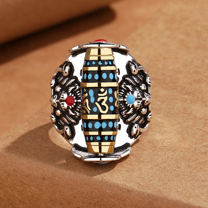 Buddha Stones Anillo Giratorio de la Paz con Patrón de Cuentas Dzi Tibetanas de Garuda y el Mantra Om Mani Padme Hum