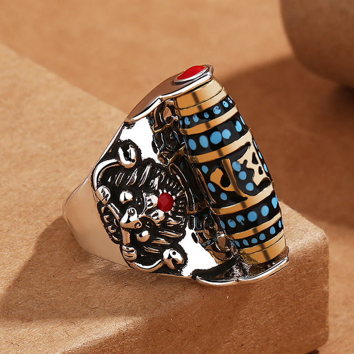 Buddha Stones Anillo Giratorio de la Paz con Patrón de Cuentas Dzi Tibetanas de Garuda y el Mantra Om Mani Padme Hum