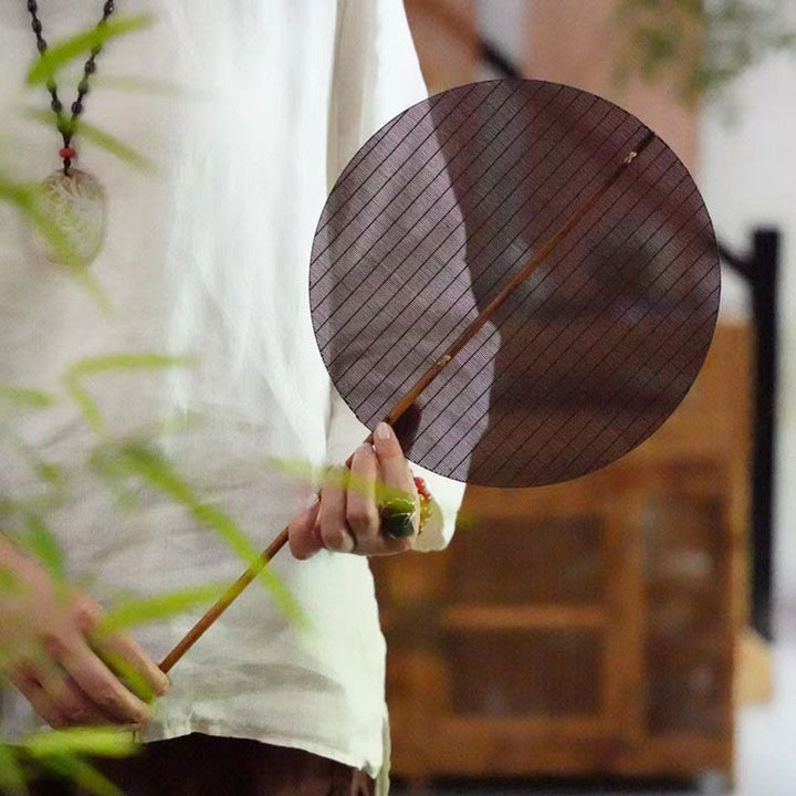 Buddha Stones Abanico de Bambú con Mango Largo de Estilo Chino Hecho a Mano en Forma Redonda
