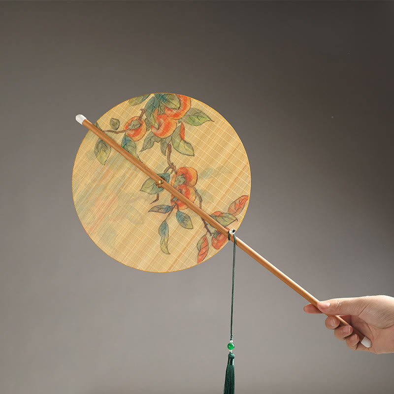 Buddha Stones Hecho a mano Pájaros Flores Caquis Fruta Peces Koi Loto Bambú Mango largo Abanico portátil que se puede enrollar