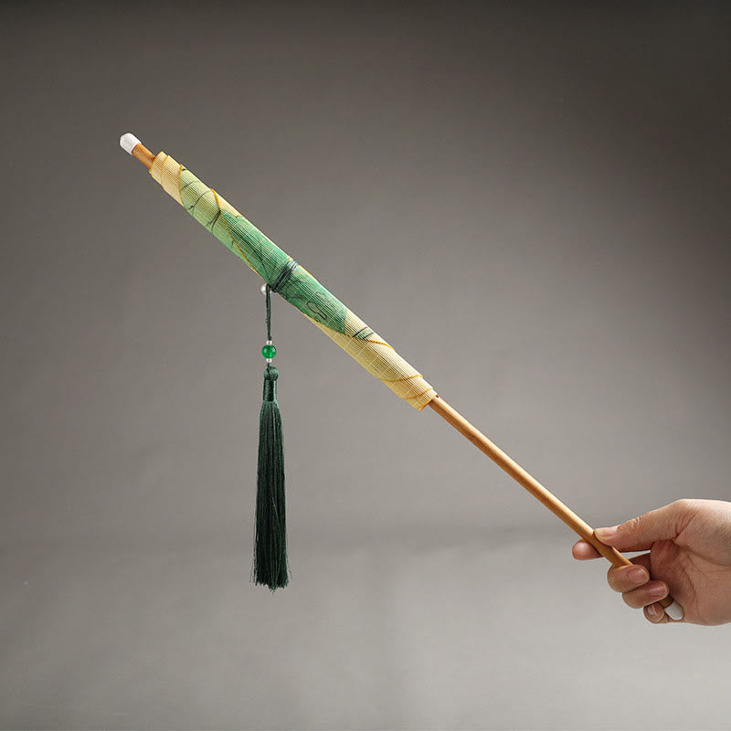 Buddha Stones Hecho a mano Pájaros Flores Caquis Fruta Peces Koi Loto Bambú Mango largo Abanico portátil que se puede enrollar