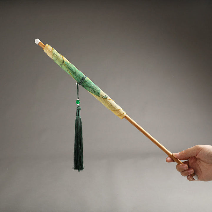 Buddha Stones Hecho a mano Pájaros Flores Caquis Fruta Peces Koi Loto Bambú Mango largo Abanico portátil que se puede enrollar