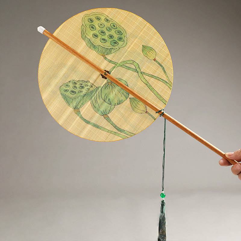 Buddha Stones Hecho a mano Pájaros Flores Caquis Fruta Peces Koi Loto Bambú Mango largo Abanico portátil que se puede enrollar