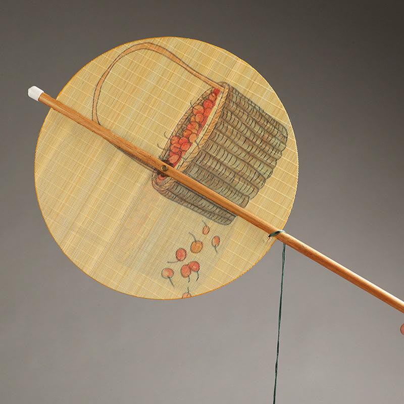 Buddha Stones Hecho a mano Pájaros Flores Caquis Fruta Peces Koi Loto Bambú Mango largo Abanico portátil que se puede enrollar