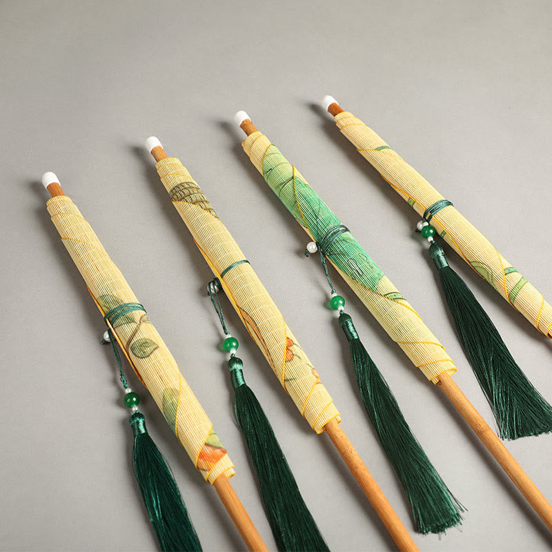 Buddha Stones Hecho a mano Pájaros Flores Caquis Fruta Peces Koi Loto Bambú Mango largo Abanico portátil que se puede enrollar