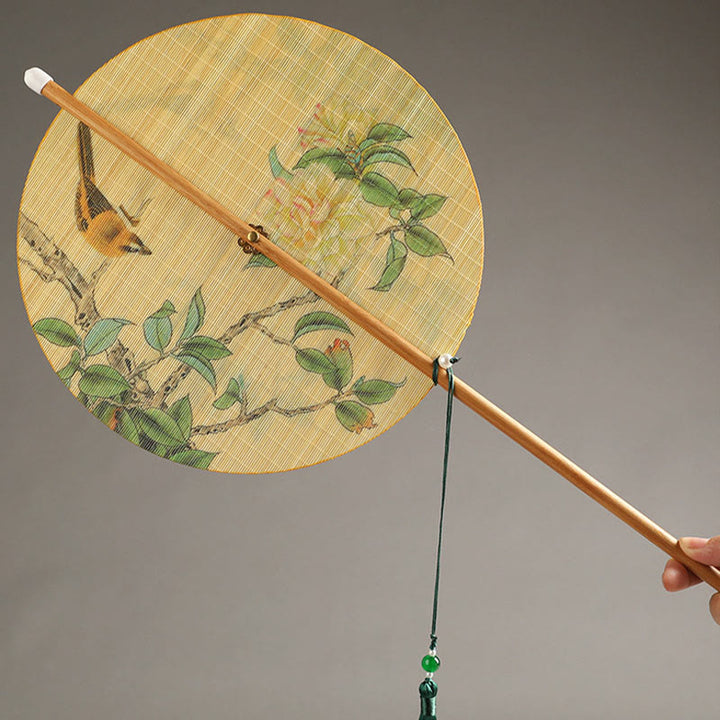 Buddha Stones Hecho a mano Pájaros Flores Caquis Fruta Peces Koi Loto Bambú Mango largo Abanico portátil que se puede enrollar