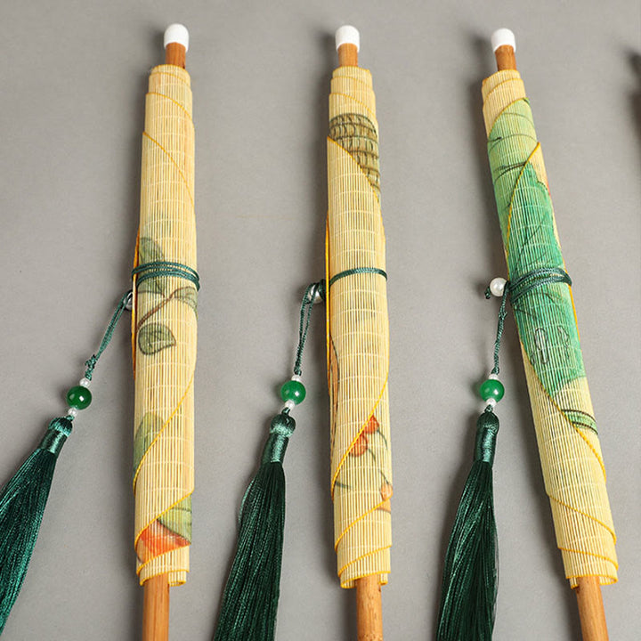 Buddha Stones Hecho a mano Pájaros Flores Caquis Fruta Peces Koi Loto Bambú Mango largo Abanico portátil que se puede enrollar