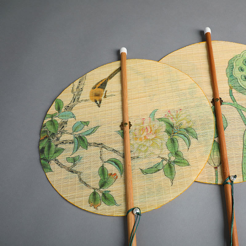 Buddha Stones Hecho a mano Pájaros Flores Caquis Fruta Peces Koi Loto Bambú Mango largo Abanico portátil que se puede enrollar