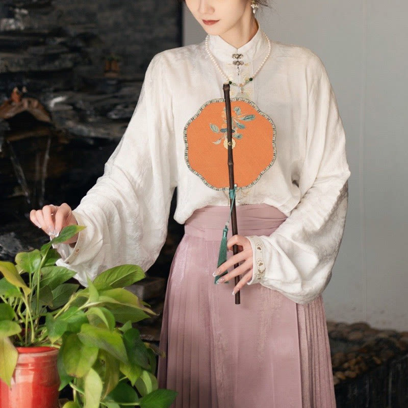 Buddha Stones Abanico Portátil Enrollable Hecho a Mano con Mango Largo de Bambú Púrpura y Patrón de Hoja de Cerezo y Uva