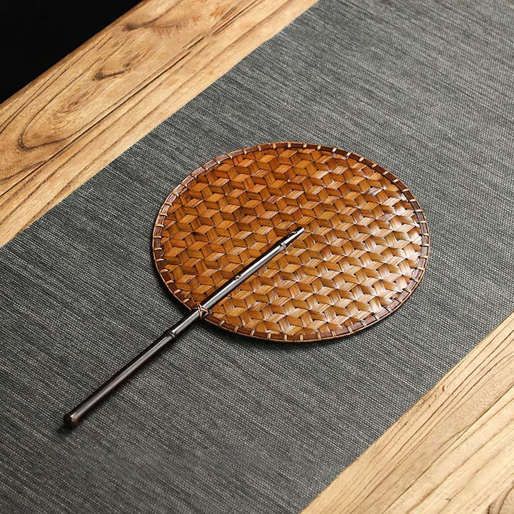 Buddha Stones Estilo Chino Hecho a Mano Abanico Tejido de Bambú Redondo Ovalado Forma de Banana con Mango Largo