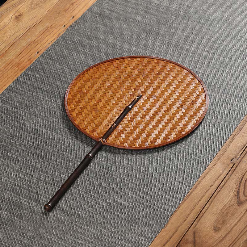 Buddha Stones Estilo Chino Hecho a Mano Abanico Tejido de Bambú Redondo Ovalado Forma de Banana con Mango Largo