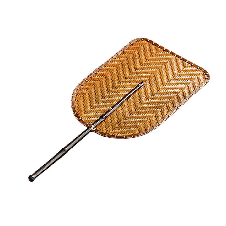 Buddha Stones Estilo Chino Hecho a Mano Abanico Tejido de Bambú Redondo Ovalado Forma de Banana con Mango Largo