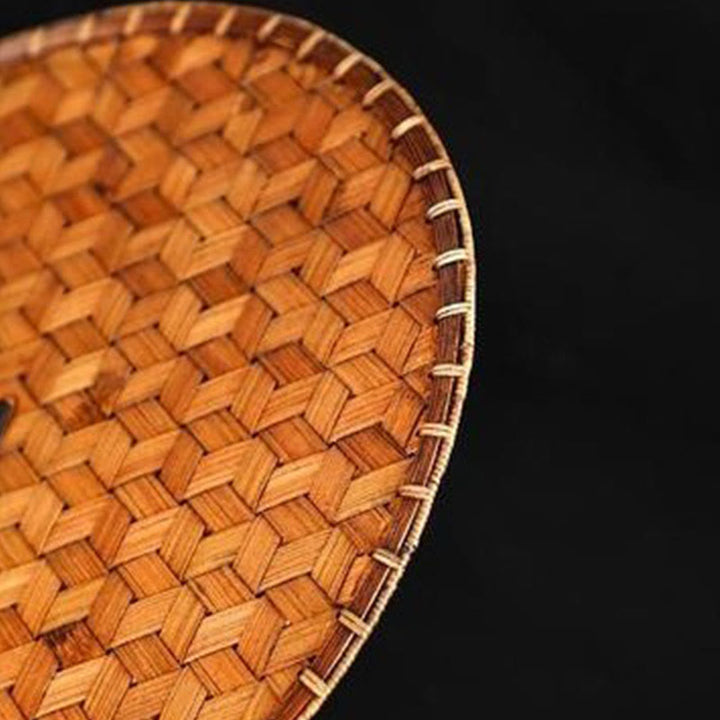 Buddha Stones Estilo Chino Hecho a Mano Abanico Tejido de Bambú Redondo Ovalado Forma de Banana con Mango Largo