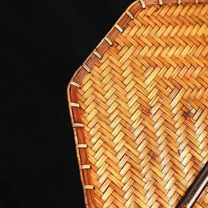 Buddha Stones Estilo Chino Hecho a Mano Abanico Tejido de Bambú Redondo Ovalado Forma de Banana con Mango Largo