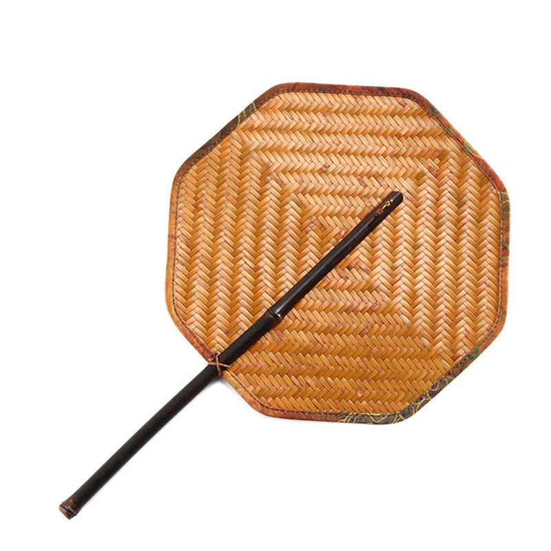 Buddha Stones Abanico de Verano Retro Estilo Chino Hecho a Mano de Bambú Tejido Forma de Plátano con Mango Largo