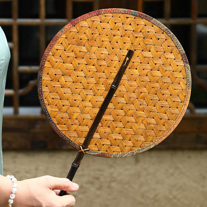 Buddha Stones Abanico de Verano Retro Estilo Chino Hecho a Mano de Bambú Tejido Forma de Plátano con Mango Largo