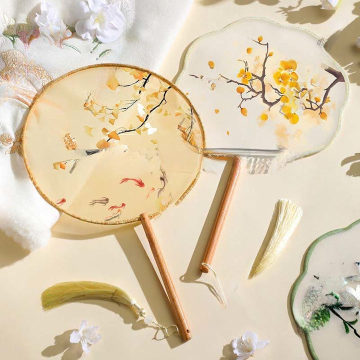 Buddha Stones Hoja de Ginkgo Pez Koi Flor de Cerezo Flores de Primavera Abanico de Mango de Madera para Mano