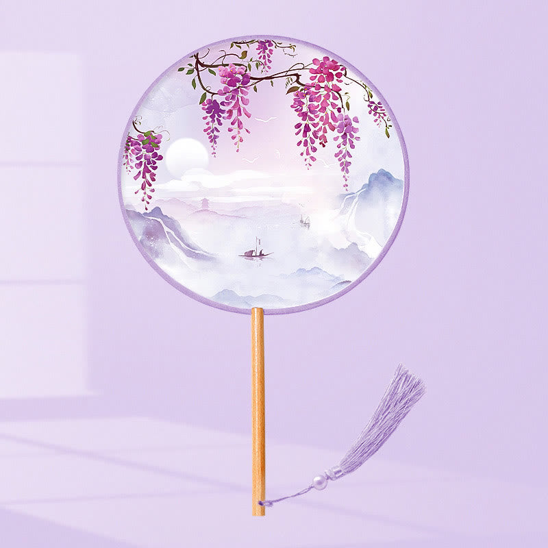 Buddha Stones Hoja de Ginkgo Pez Koi Flor de Cerezo Flores de Primavera Abanico de Mango de Madera para Mano