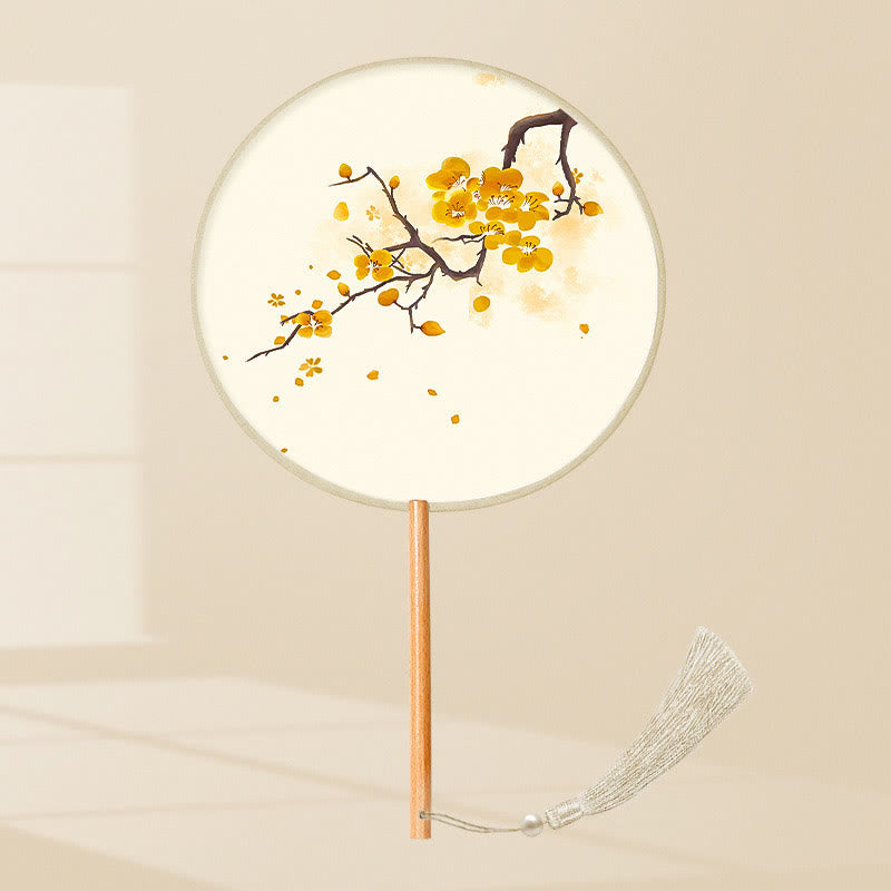 Buddha Stones Hoja de Ginkgo Pez Koi Flor de Cerezo Flores de Primavera Abanico de Mango de Madera para Mano