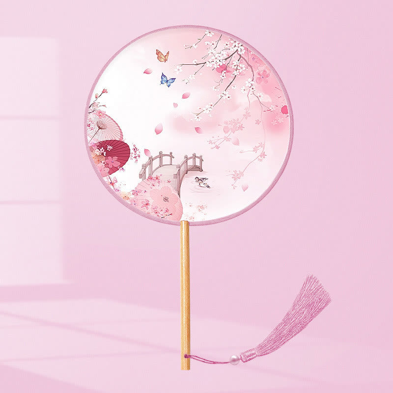 Buddha Stones Hoja de Ginkgo Pez Koi Flor de Cerezo Flores de Primavera Abanico de Mango de Madera para Mano