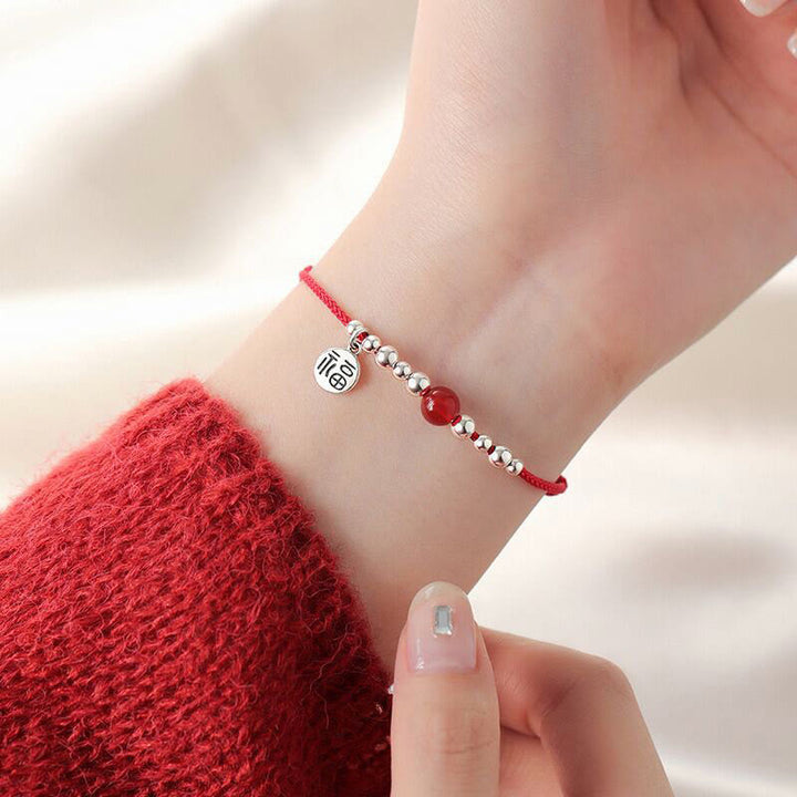 Pulsera de cuerda ultrafina trenzada de ágata roja con carácter Fu de plata esterlina 925 hecha a mano Buddha Stones