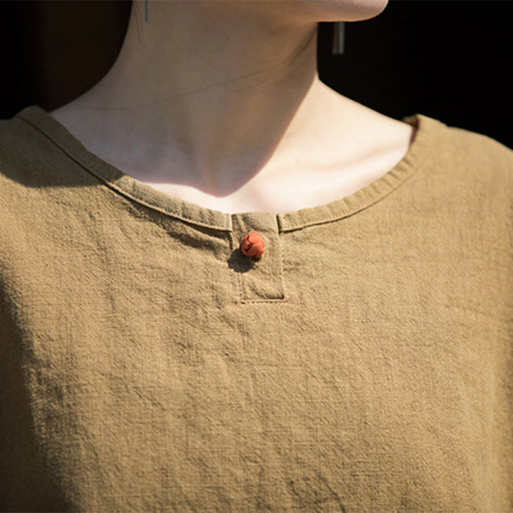 Buddha Stones Camiseta Casual de Manga Corta de Algodón y Lino de Ramio