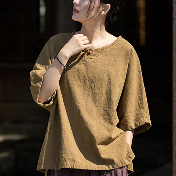 Buddha Stones Camiseta Casual de Manga Corta de Algodón y Lino de Ramio - image 11