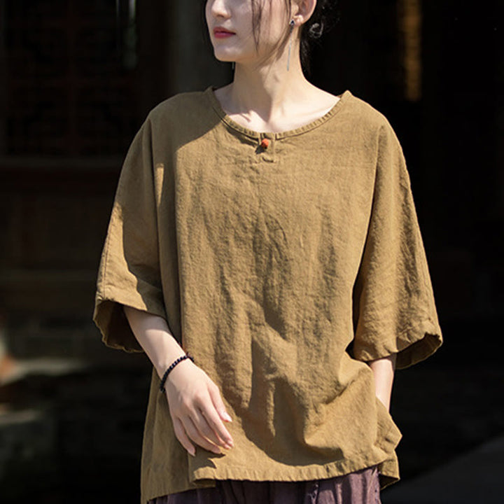 Buddha Stones Camiseta Casual de Manga Corta de Algodón y Lino de Ramio - image 10