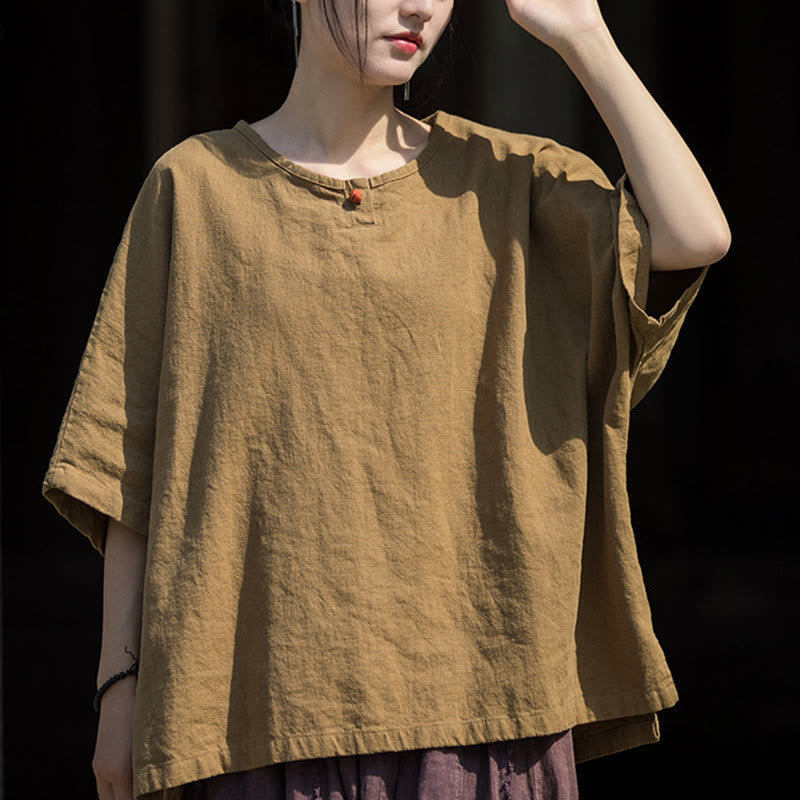 Buddha Stones Camiseta Casual de Manga Corta de Algodón y Lino de Ramio