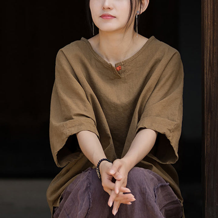 Buddha Stones Camiseta Casual de Manga Corta de Algodón y Lino de Ramio