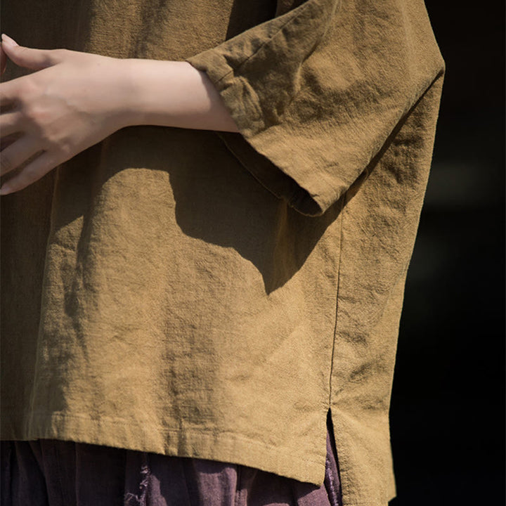 Buddha Stones Camiseta Casual de Manga Corta de Algodón y Lino de Ramio