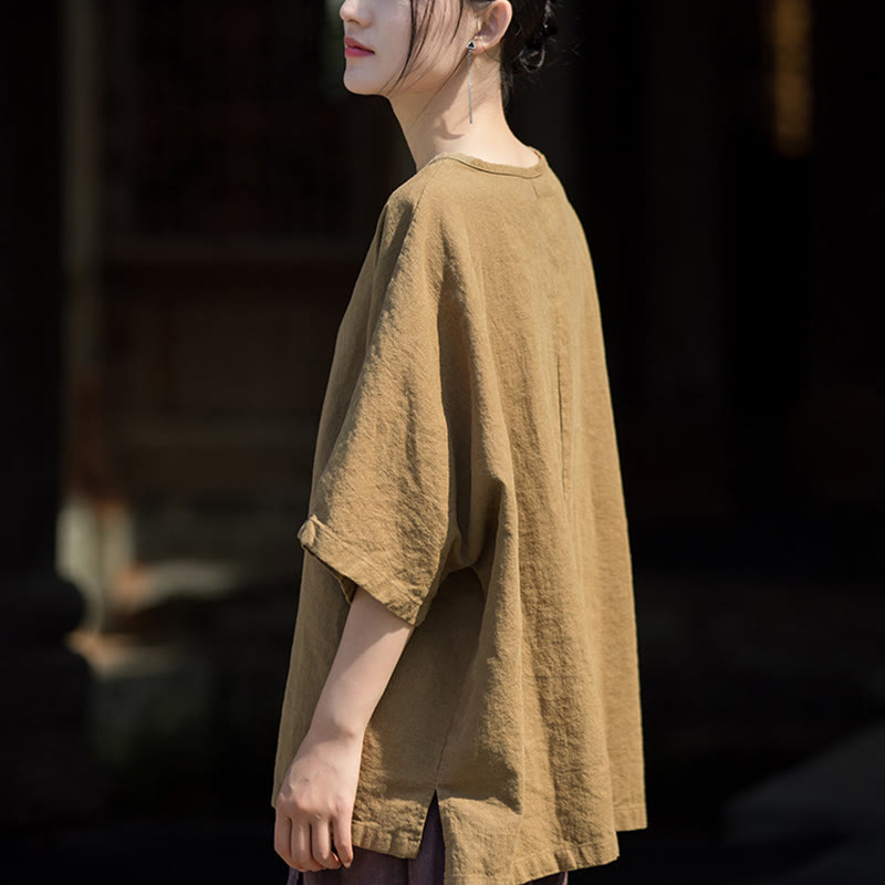 Buddha Stones Camiseta Casual de Manga Corta de Algodón y Lino de Ramio