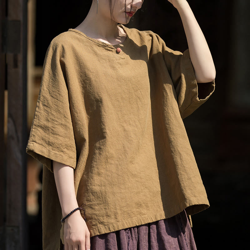 Buddha Stones Camiseta Casual de Manga Corta de Algodón y Lino de Ramio