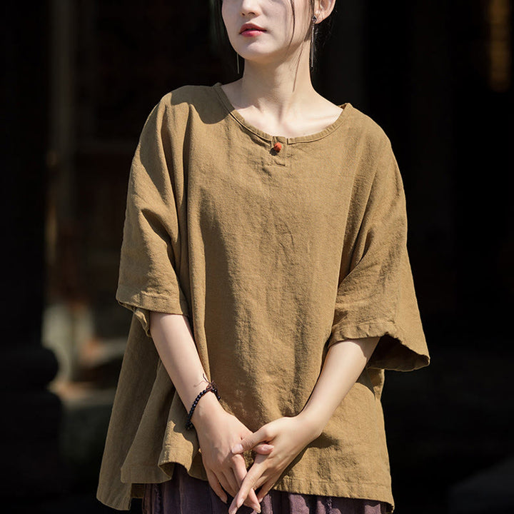 Buddha Stones Camiseta Casual de Manga Corta de Algodón y Lino de Ramio - Caqui oscuro - US4-8/10， UK/AU8-12/14， EU36-40/42 (F) - image 0