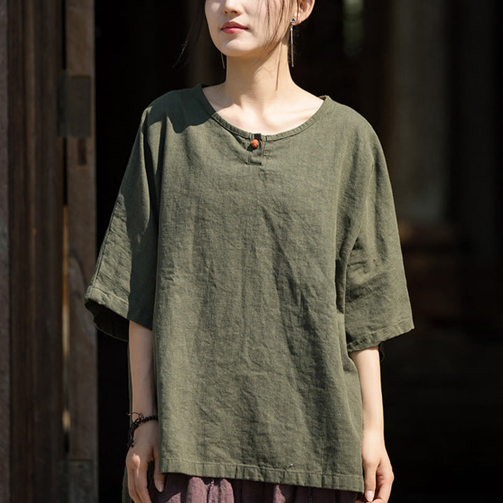 Buddha Stones Camiseta Casual de Manga Corta de Algodón y Lino de Ramio - image 19