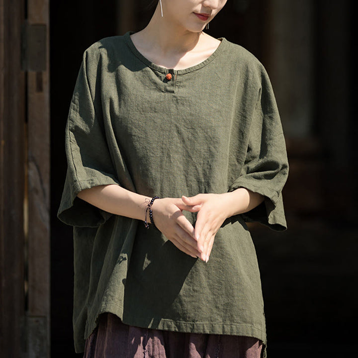 Buddha Stones Camiseta Casual de Manga Corta de Algodón y Lino de Ramio - image 17