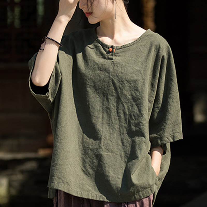Buddha Stones Camiseta Casual de Manga Corta de Algodón y Lino de Ramio - image 21